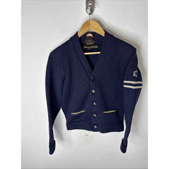 Dehen Other - Vintage Dehen Varsity Cardigan Sweater Wool Navy Blue Striped Sleeve Star Men S